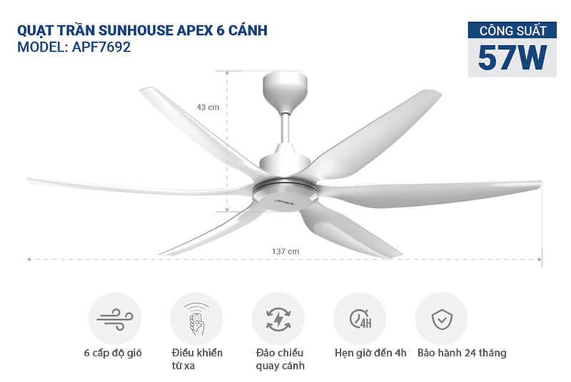 Quạt trần Sunhouse Apex 6 cánh APF7692 với nhiều tính năng ưu việt