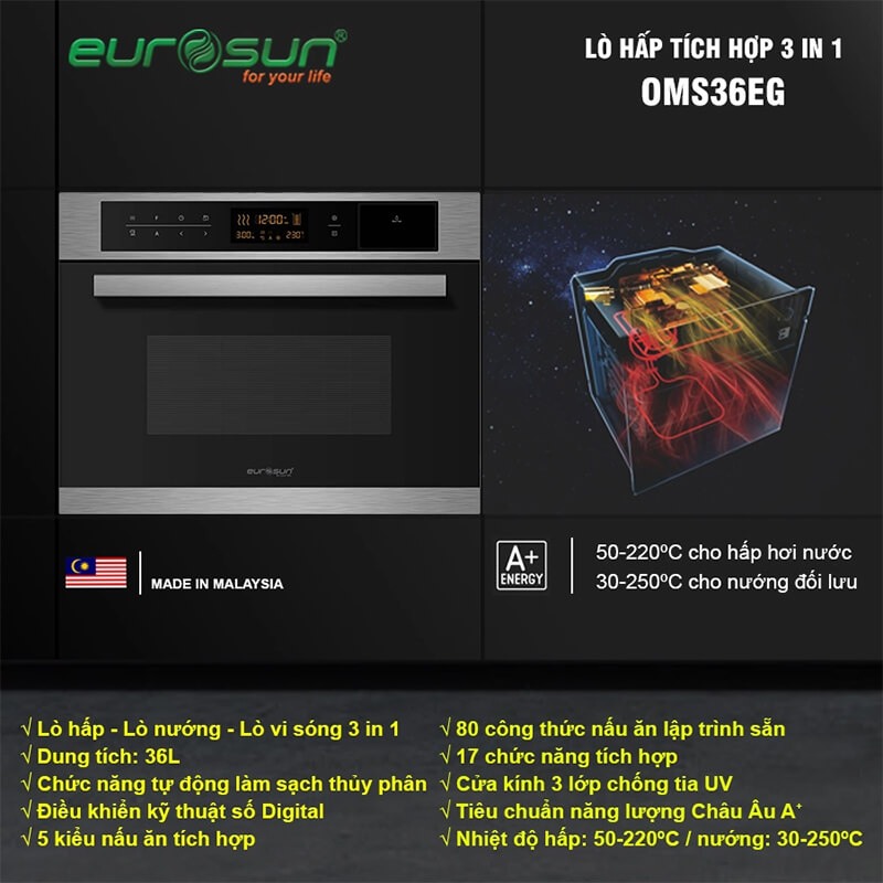 Lò nướng Eurosun OMS36EG tích hợp lò hấp và lò vi sóng